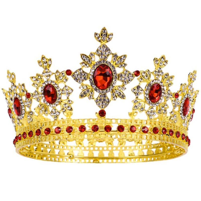 [Australia] - FRCOLOR Baroque Crown Queen Full Round Crowns Rhinestone Beads Vinatge Princess Tiara Wedding Headpiece for Women,Bride(Gold Red) 13x13cm Gold Red 