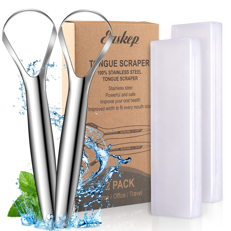 [Australia] - Tongue Scraper (2 Pack), Wide-head Tongue Cleaner with Nice Carrying Box, Easkep 100% Stainless Steel Tongue Scrapers Cleaners, for Men, Women, Adults, Kids, silver 