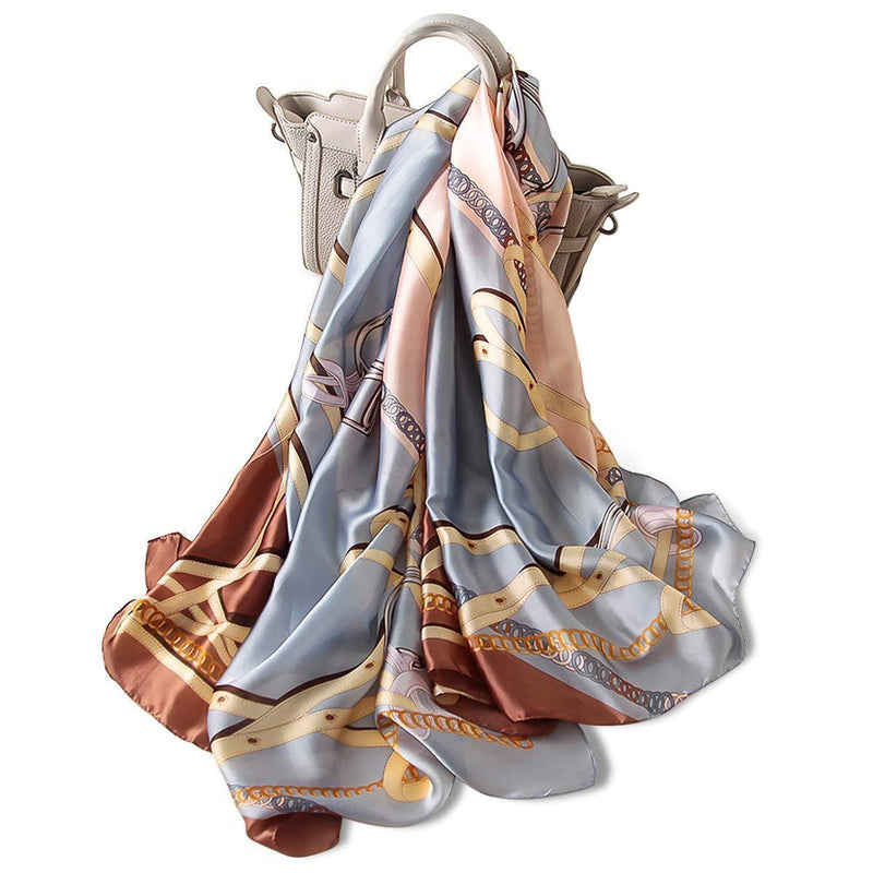 [Australia] - LumiSyne Women's Silk Scarf Vintage Printed Neckerchief Fashion Elegant Style Large Shawl Soft Wrap Sunscreen Shawl Headscarf For All Season Chain Blue Brown 