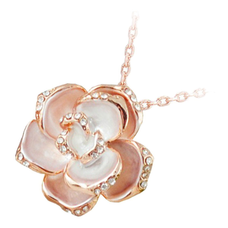 [Australia] - GWG Jewellery Women Necklace Gift Pendant Necklace Plated Rosebud Flower with White Leaves Graced with Diamond Clear Crystals for Women Rose Gold 