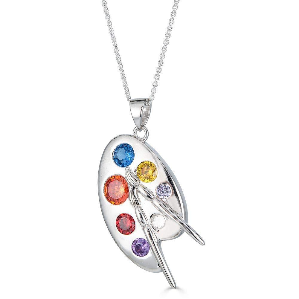 [Australia] - Little Treasures Sterling Silver Multi Color CZ Artist Painter's Palette Pendant Necklace (Available Chain Length 16"- 18"- 20"- 22") 40.0 Centimetres 