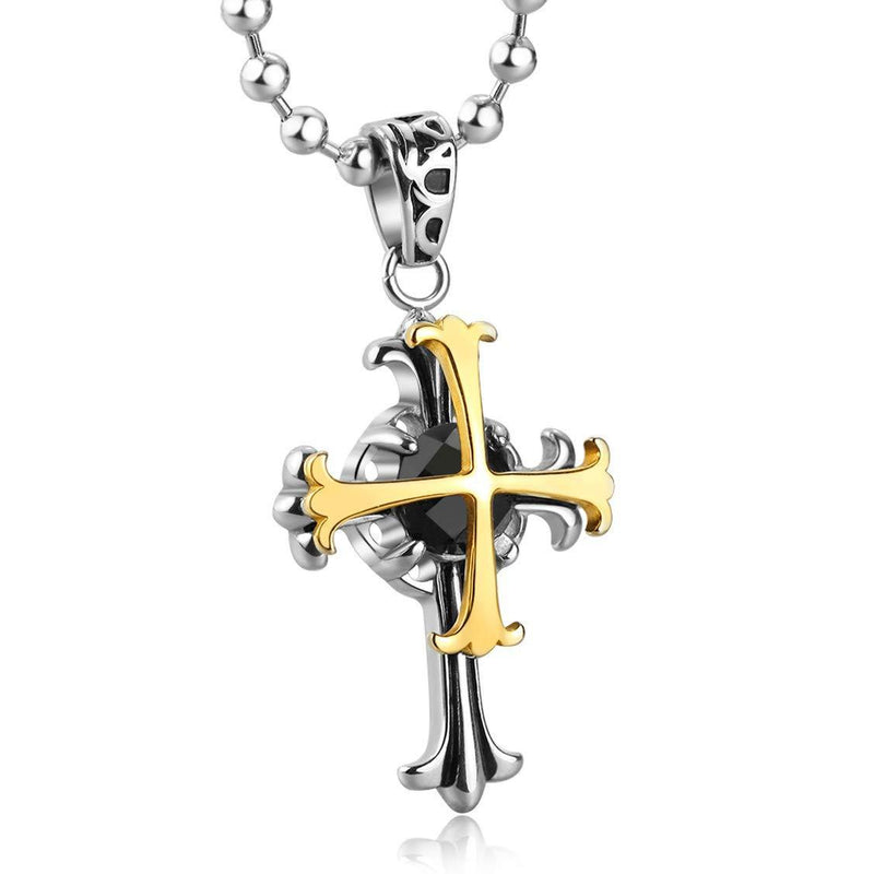 [Australia] - Cross Necklace for Men Women Boys - 18K Real Gold Plated + 2.55 carats Facet Nature Onyx Stone, Quality Cross Pendant on Stainless Steel Ball Chain, 20inch 22inch 24inch 