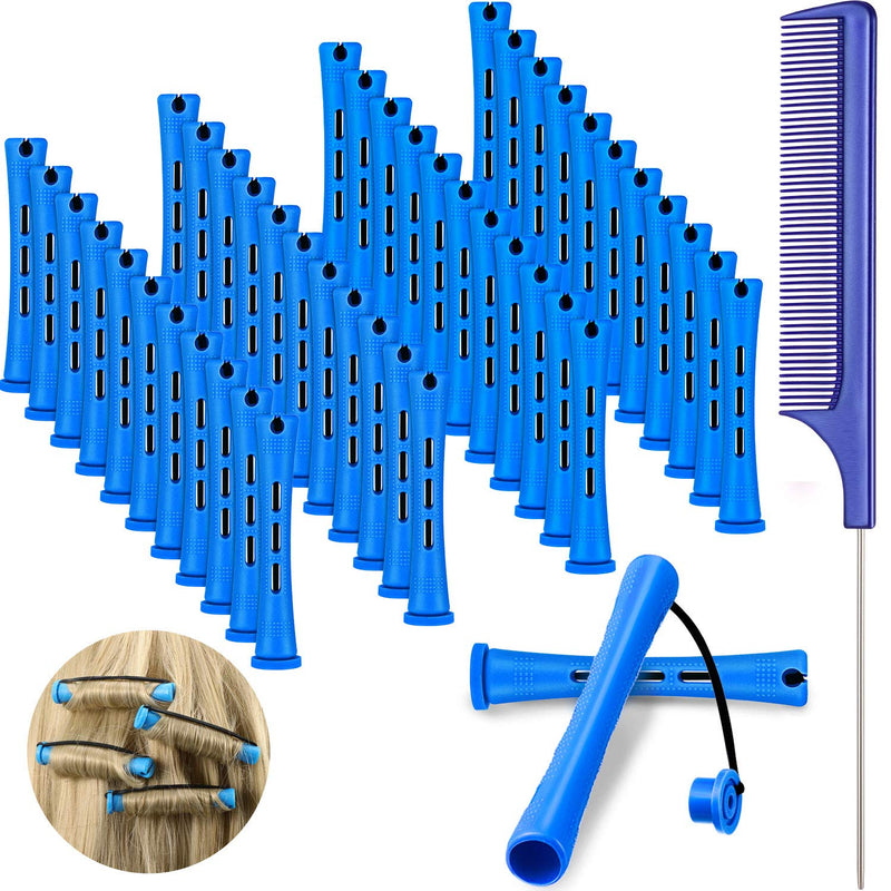 [Australia] - 48 Pieces Hair Perm Rods Short Cold Wave Rods Plastic Perming Rods Hair Curling Rollers Curlers with Steel Pintail Comb Rat Tail Comb for Hairdressing Styling Supplies (0.35 Inch, Blue and Dark Blue) 48 Count (Pack of 1) 