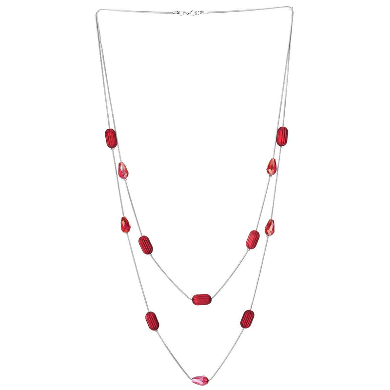 [Australia] - COOLSTEELANDBEYOND Statement Necklace Two-Strand Long Chains with Red Teardrop Crystal Beads Grooved Oval Beads Charms 