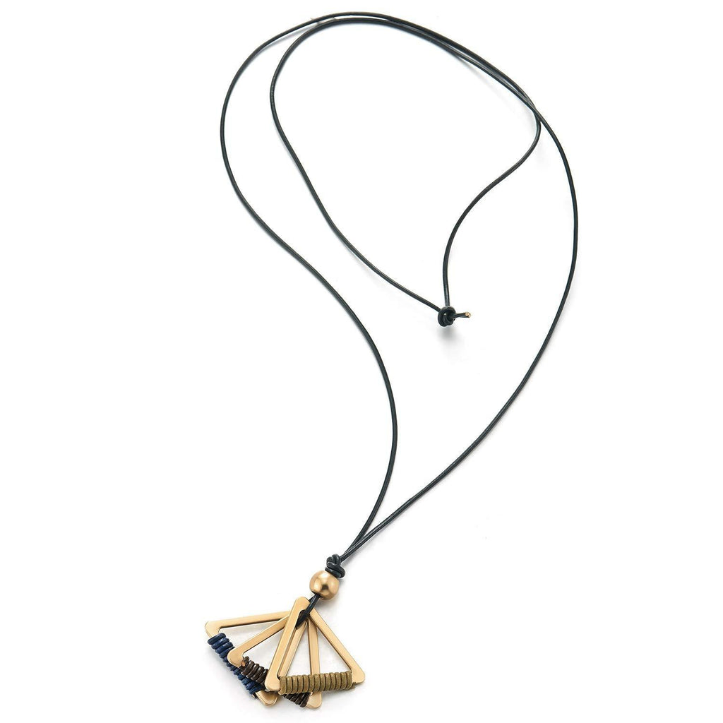 [Australia] - COOLSTEELANDBEYOND Art Deco Statement Necklace Long Leather Rope Gold Color Triangle Charm Pendant with Leather String 