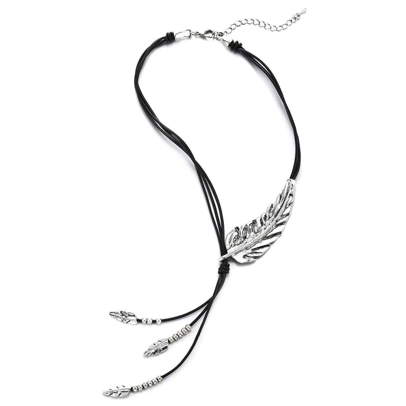 [Australia] - COOLSTEELANDBEYOND Black Leather Rope Choker Collar Necklace Silver Color Leaf Petal Tassel Pendant, Lariat Necklace 