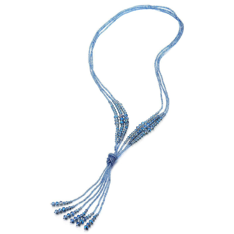 [Australia] - COOLSTEELANDBEYOND Boho Chic Lariat Necklace Tassel Pendant Pastel Blue Crystal Bead Three-Strand Long Chain Y-Shape 