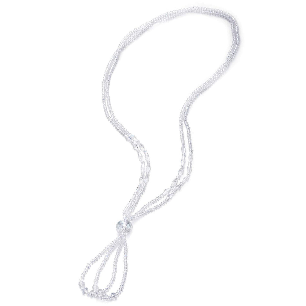 [Australia] - COOLSTEELANDBEYOND Summer Style Lariat Necklace Fringe Tassel Pendant White Crystal Beads Two-Strand Long Chain 