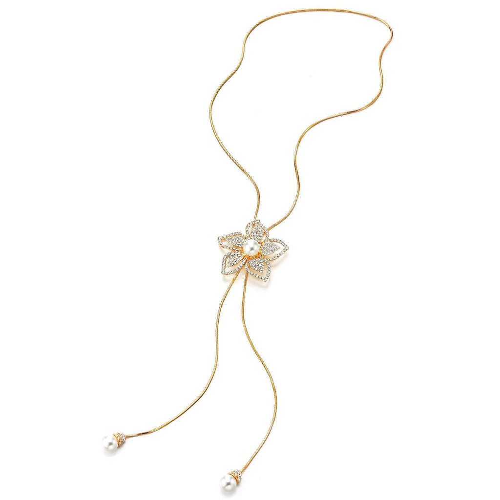 [Australia] - COOLSTEELANDBEYOND Gold Long Chain Lariat Necklace Tassel, Synthetic Pearl Rhinestones Flower Pendant Adjustable 