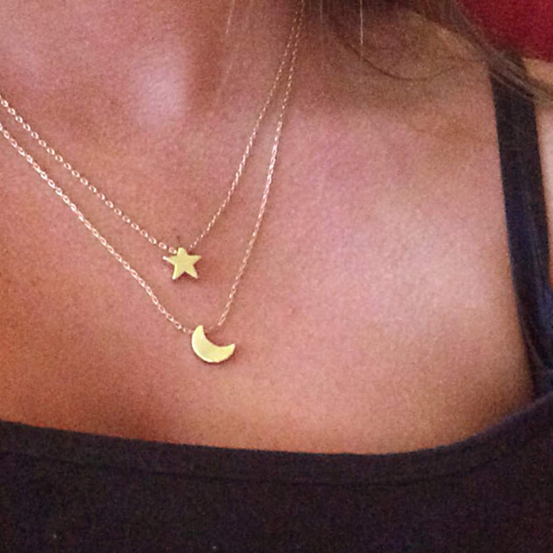 [Australia] - TseenYi Moon Star Pendant Necklace Chain Boho Gold Layered Necklace Choker 2 Layer Bohemia Clavicle Necklace Chain Jewelry for Women and Girls 