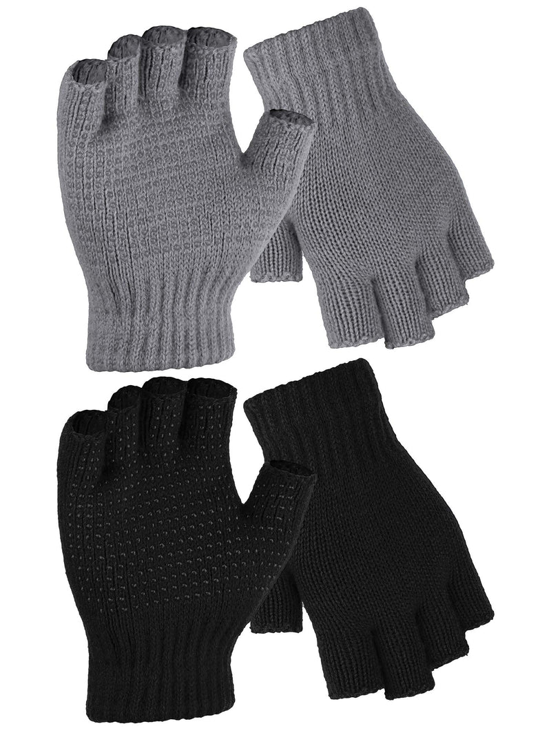 [Australia] - Cooraby 2 Pairs Fingerless Non Slip Gloves Knitted Stretchy Gloves for Men and Women M Black, Grey 