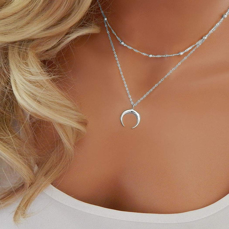 [Australia] - TseenYi Boho Layered Necklace Silver Crescent Moon Pendant Double Horn Necklaces Bead Choker Clavicle Chain Jewelry for Women and Girls (Silver) 