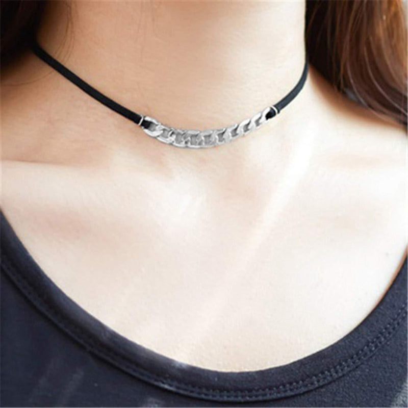 [Australia] - Yienate Punk Necklace Trendy Simple Velvet Belt and Alloy Chain Choker Jewelry For Woman and Girls (Silver) Silver 