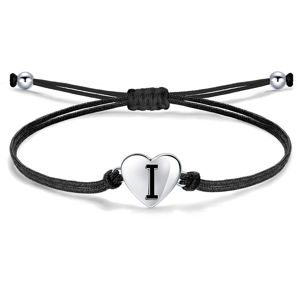 [Australia] - Bracelet for Women Heart with Letter, Silver 925 Initial Charm Handmade Braided Cord Bracelet, Personalized Alphabet Jewelry Adjustable I 