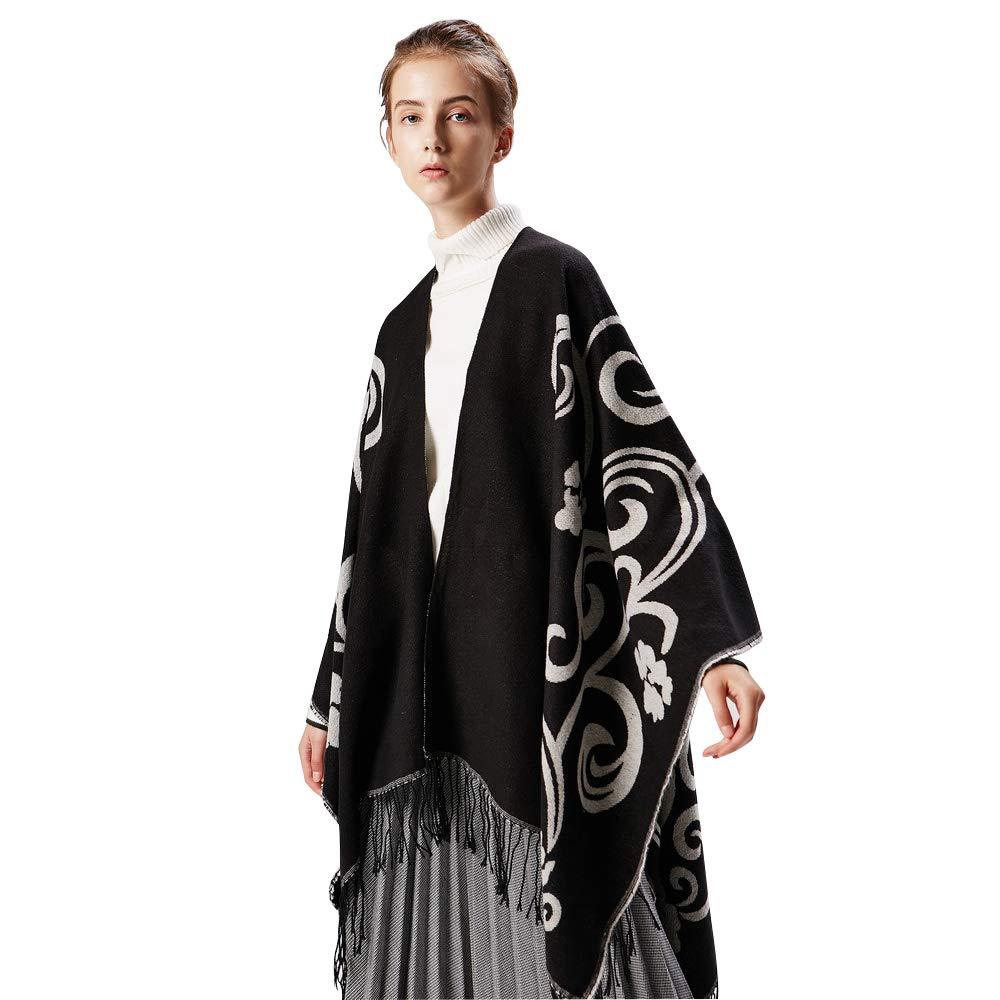 [Australia] - Superora Women Shawls Poncho Women Long Cape Knitted Wraps Open Stole Blanket Grids Fringed Tassels Large Long Printed Striped Scarf 150 * 130cm Black 