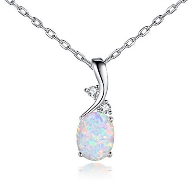 [Australia] - ZBOMR Women's Silver Plated Created Gemstone Oval Birthstone Opal Pendant Necklace | Opal Necklaces Jewellery for Women Girl Statement Necklace Birthday Gift 