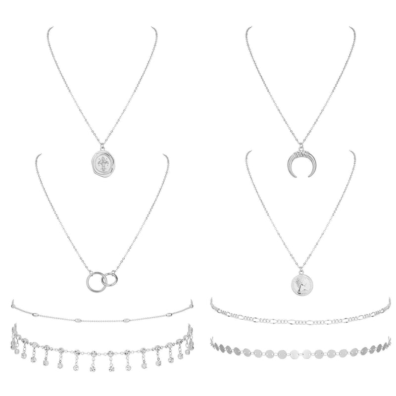 [Australia] - Finrezio 8Pcs Layered Choker Necklace Set for Women Crescent Moon Pendant Chain Necklace Bead Disc DIY Choker Dainty Jewelry Gold/Silver Platded Silver 