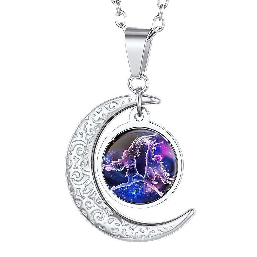 [Australia] - Crescent Moon/Coin Disc Constellation Necklace, Stainless Steel 18K Gold Plated Star Sign Pendant with Adjustable Chain 22", Custom Engraved Zodiac Jewelry for Women Girls 05. Gemini (5.21-6.20) 03. stainless steel moon 