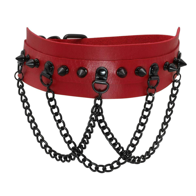 [Australia] - Eigso Punk Choker with Chains Vintage Retro Goth Style Pu Leather Collar Necklace for Women Men Red Leather with Black Rivet 