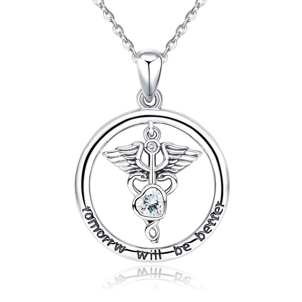 [Australia] - Nurse Necklace, S925 Sterling Silver Caduceus Angel RN Registered Necklace, Nursing Themed Pendant Lucky Graduation Jewellery Gifts for Women& Girls" Tomorrow will be better" 