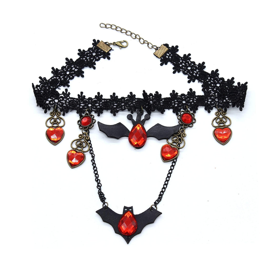 [Australia] - Halloween Dect Gothic Fancy Black Lace Bat Red Crystal Necklace And Halloween Lace Choker Necklace for Girls and Women 