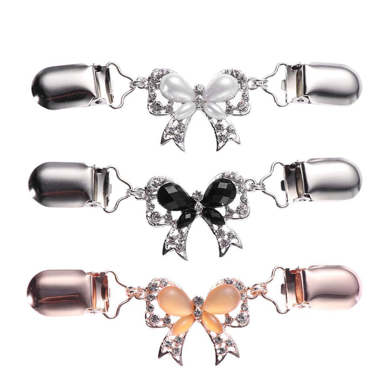 [Australia] - VALICLUD 3pcs Sweater Chain Creative Crystal Bowknot Sweater Clips Cardigan Clip for Dress Clothes (White, Black and Rose Gold) 