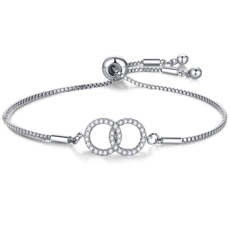 [Australia] - USEEDOVIA Silver Bracelet for Women- White Gold Plated Cubic Zirconia Paved Infinity Bracelets with Adjustable Chain, Anniversary Birthday Eternity Jewellery Gifts for Lover Mom Friends Double Circle Bracelet 