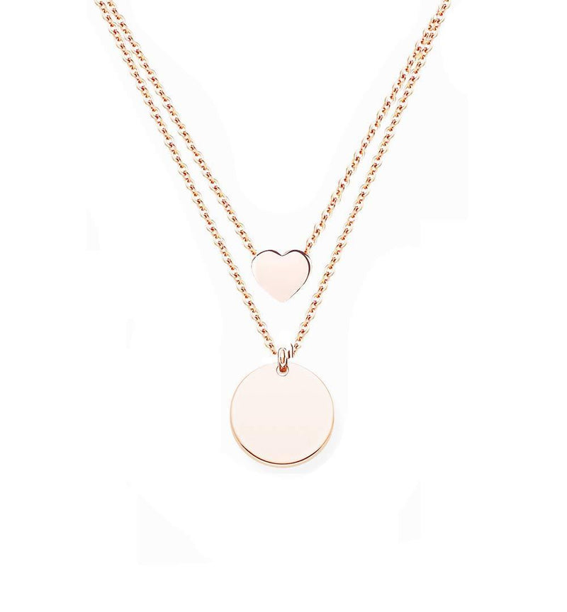 [Australia] - Baobei Women Layered Necklace Circle Pendants Rose Gold Plated Stainless Steel circle Necklace Heart Double Row Necklace Round Charms Minimalist Style Geometric Design Nickel Free 