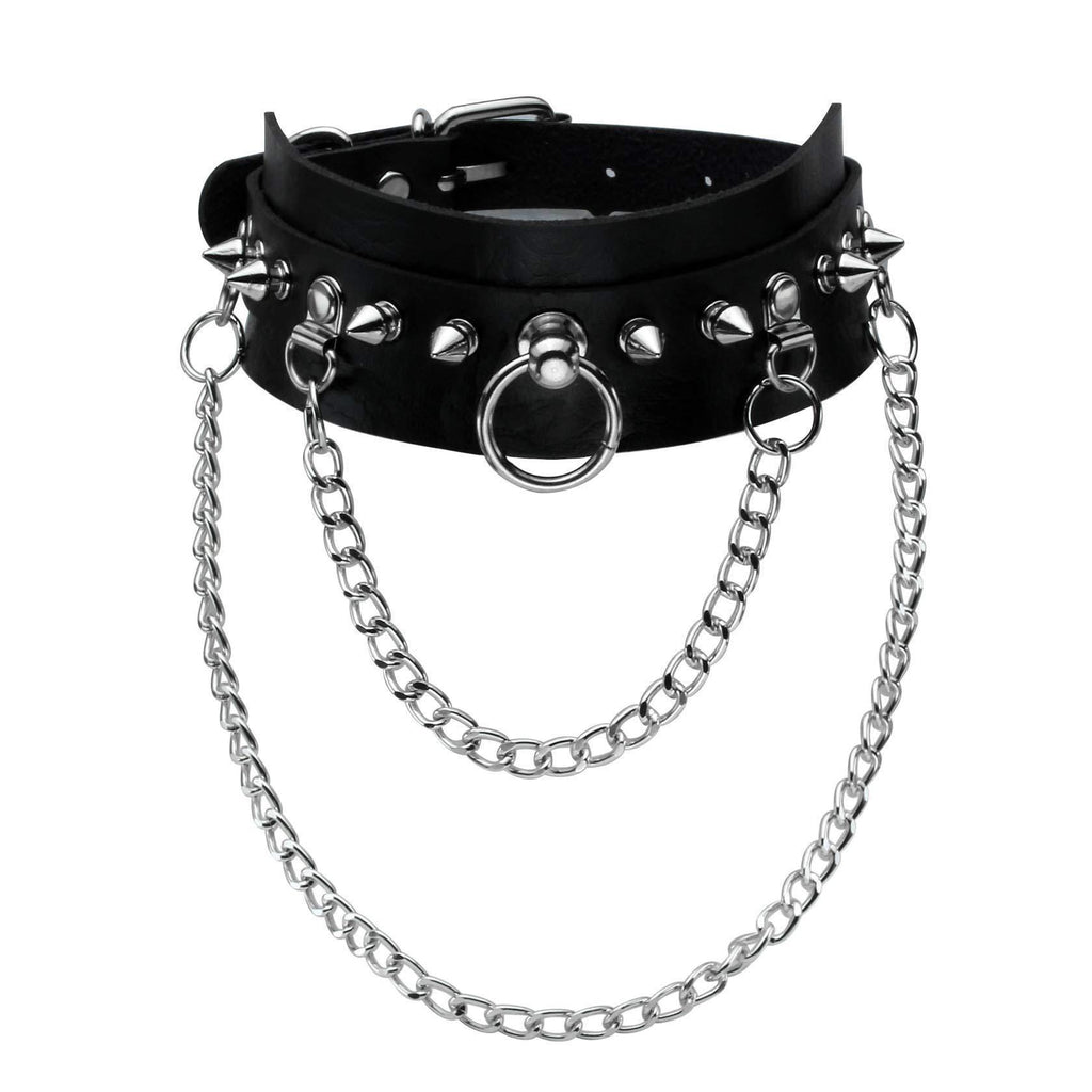 [Australia] - JJDreams Cool Rivet Choker Vintage O-Ring Necklace Retro Hoop Chain Classic Studded Collar Belt Choker Adjustment A- Black 