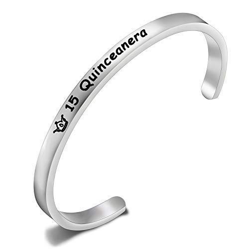 [Australia] - Quinceanera Gift 15th Birthday Bracelet Girls Sweet 15 Quinceanera Expandable Wire Bangle Quince Jewelry Happy 15th Birthday Gift for Girls Silver Cuff 