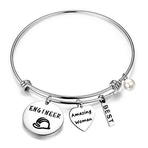 [Australia] - Engineer Gift Engineer Bracelet Construction Helmet Charm Expandable Bangle Construction Worker Jewelry Engineering Gift for Amazing Woman Silver Bangle 