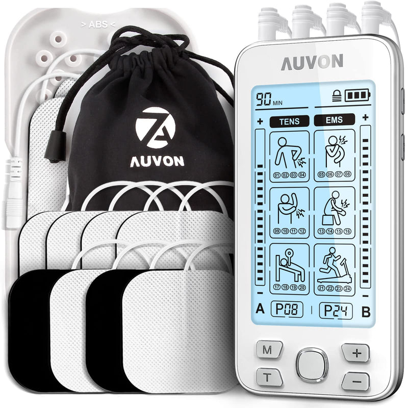 [Australia] - AUVON 4 Outputs TENS Machine for Pain Relief, TENS EMS Muscle Stimulator with 24 Modes, 2" and 2"x4" TENS Electrodes Pads (White) A-white 
