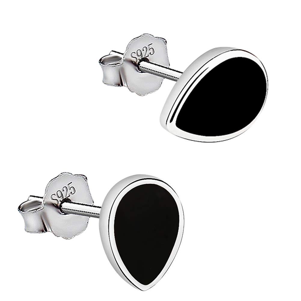 [Australia] - Meyiert 925 Sterling Silver Teardrop Black Paint Stud Earrings (with Gift Box) White 