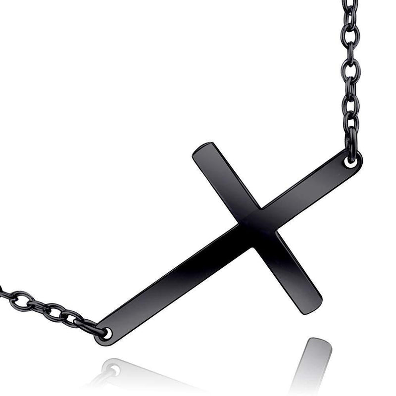 [Australia] - VONALA Sideways Cross Necklace Sterling Silver Black Plated Jewellery for Men Women Girls Boy (Black) 