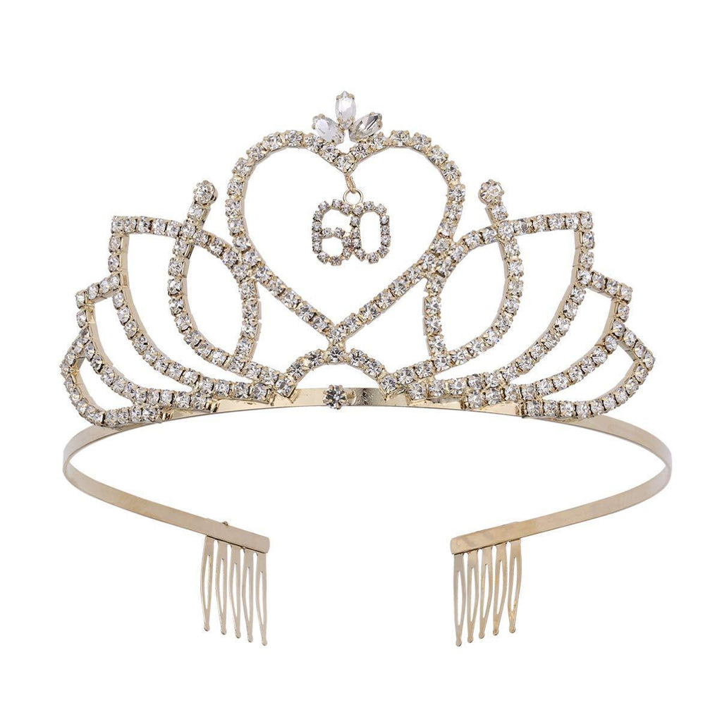 [Australia] - FRCOLOR 60th Birthday Tiara Crystal Rhinestone Women 60th Birthday Crown with Combs for Birthday Party Hair Accessory Gold Golden 60th 