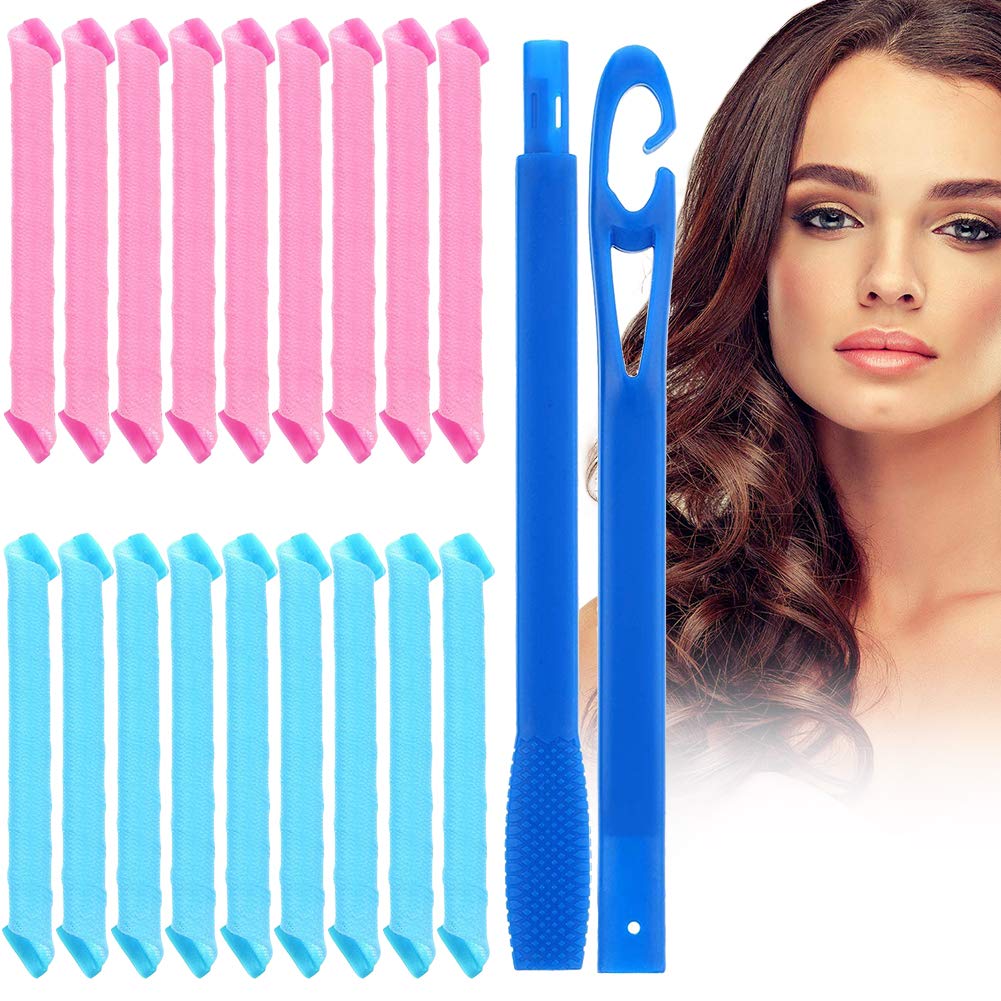 [Australia] - Hair Curlers Spiral,No Heat Hair Curlers,Heatless Hair Curlers,Hair Curlers Rollers,DIY Magic Hair Curlers with Styling Hook for Home Use 18 Pieces Hair Curlers Set Pink & Blue 