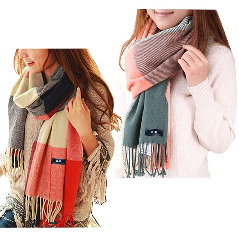 [Australia] - Women Tartan Scarf - Winter Long Soft Warm Tartan Check Scarves Wraps Plaid Blanket Scarves For Ladies Wool Spinning Tassel Shawl Stole Scarf Blue and Red+pink and Green 