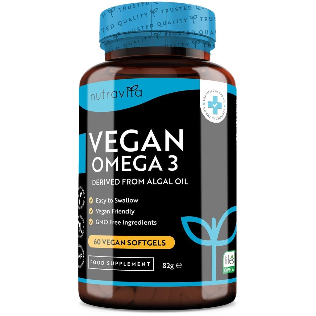 [Australia] - Vegan High Strength Omega 3 2000mg Soft Gels - 600mg DHA & 300mg EPA per Serving - Plant-Based Omega 3 Softgels Derived from Sustainable Algal Oil - 60 Vegan Softgels - Made in The UK by Nutravita 