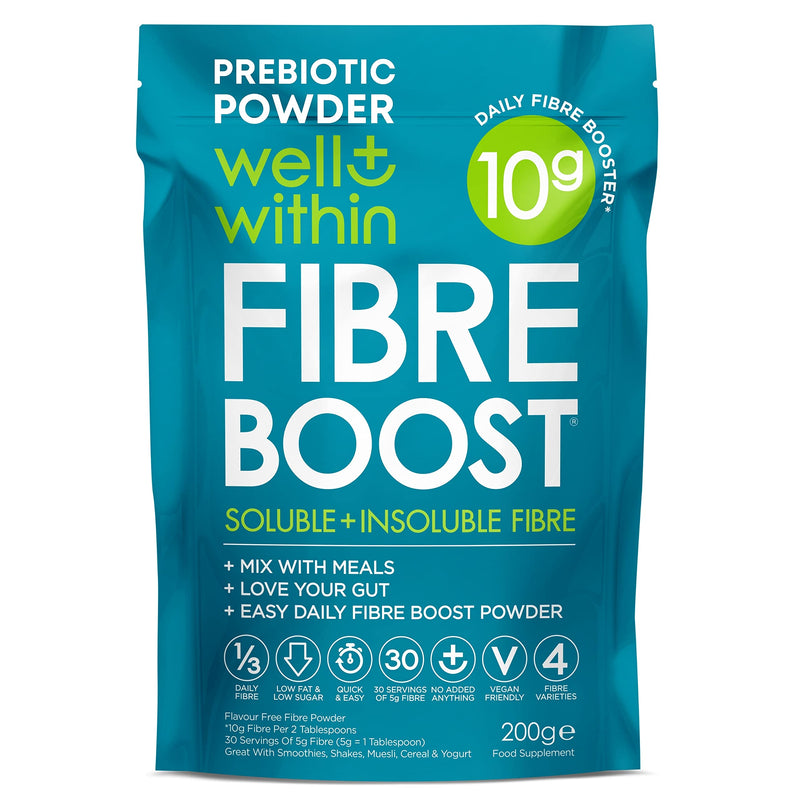 [Australia] - 10,000mg Fibre Supplement Prebiotic Powder - 10 Gram Boost = 1/3 NHS Daily Fibre Intake (200g Bag, 30 x 5g Fiber) Well Within Gut Health 4in1 Soluble + Insoluble Fibre Powder Blend. Men, Women & Kids 
