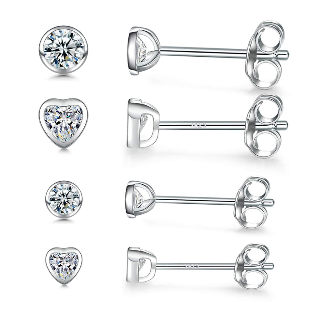 [Australia] - Tiny Sterling Silver Stud Earrings for Women- 4 Pairs Cubic Zirconia Heart and Circle Hypoallergenic Cartilage Stud Earrings Set Ear Piercing Jewellery for Women Girls Men Teen (2mm/2mm/3mm/3mm) 