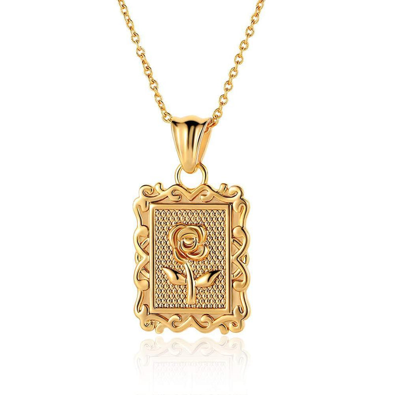 [Australia] - 18k Gold Plated Medallion Necklaces Dainty Square Tiny Rose Pendant Necklaces Initial Minimalist Personalized Jewelry with Nice Gift Box 16‘’ 