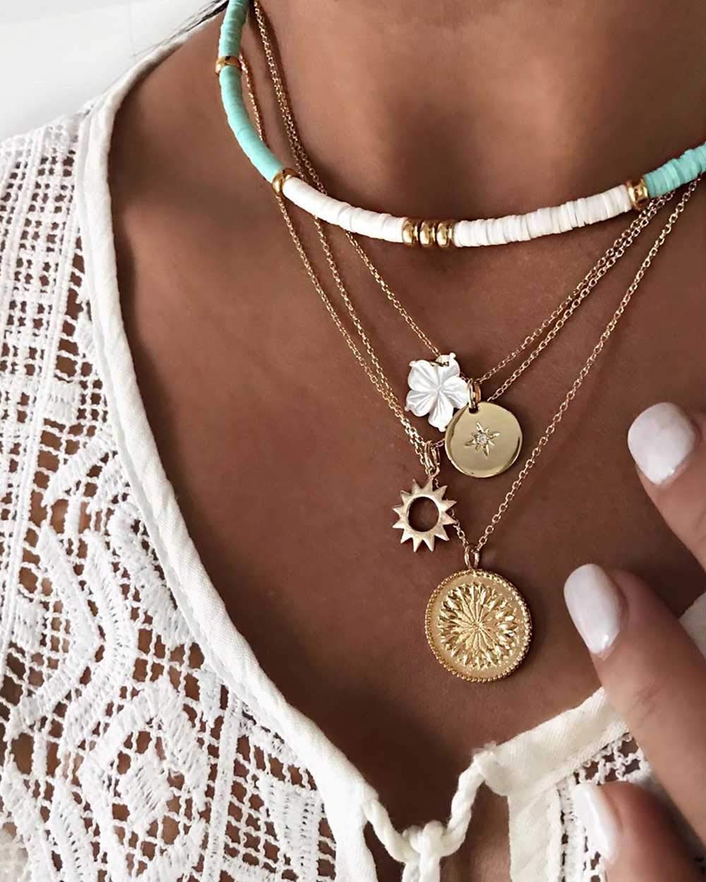 [Australia] - Simsly Boho Layered Floral Necklace Gold Choke Coin Pendant Necklace Jewelry Adjustable for Women and Girls 