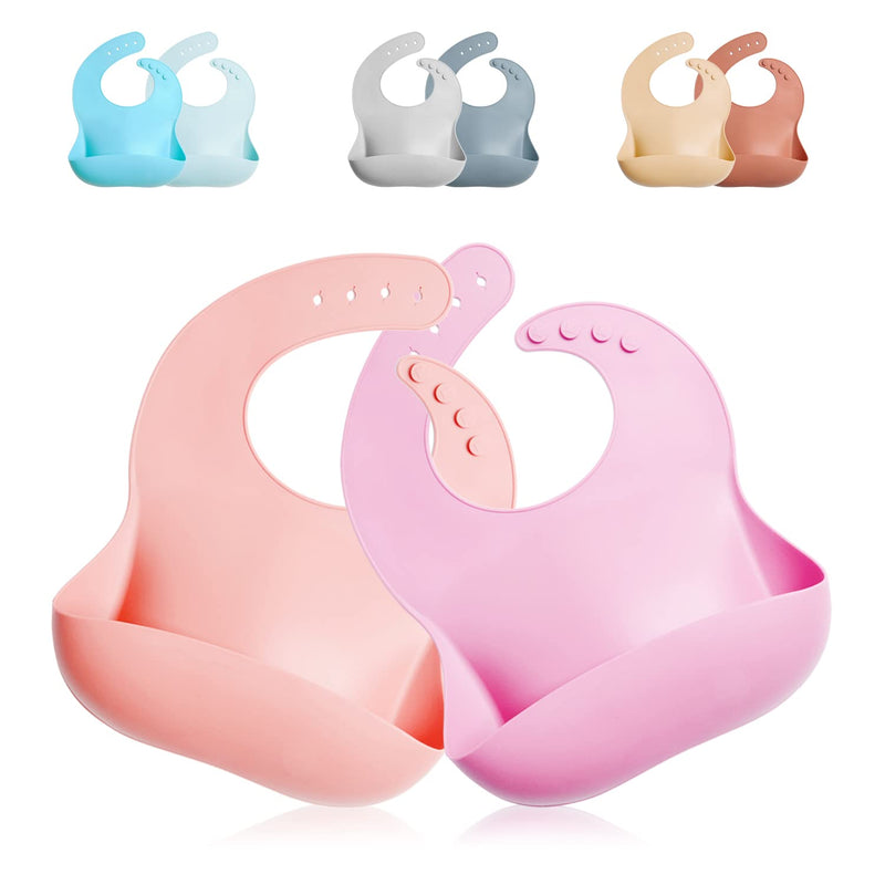 [Australia] - GODR7OY Baby Silicone, BPA Free Waterproof Bibs, Adjustable 2PCS (Natural) 6 Months-6 Years Old Pink 