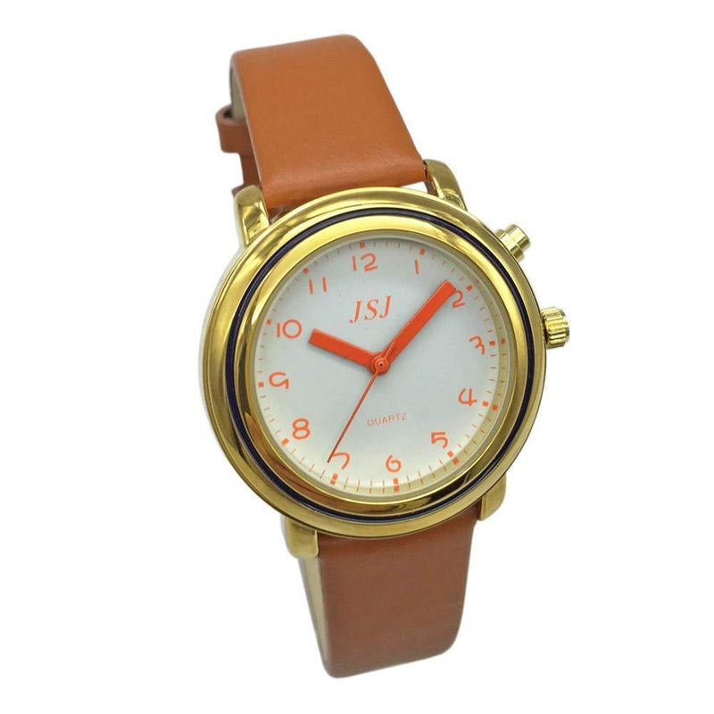[Australia] - English Talking Watch with Alarm Function for Ladies, Talking Date and time, White Dial,Leather Band Brown 