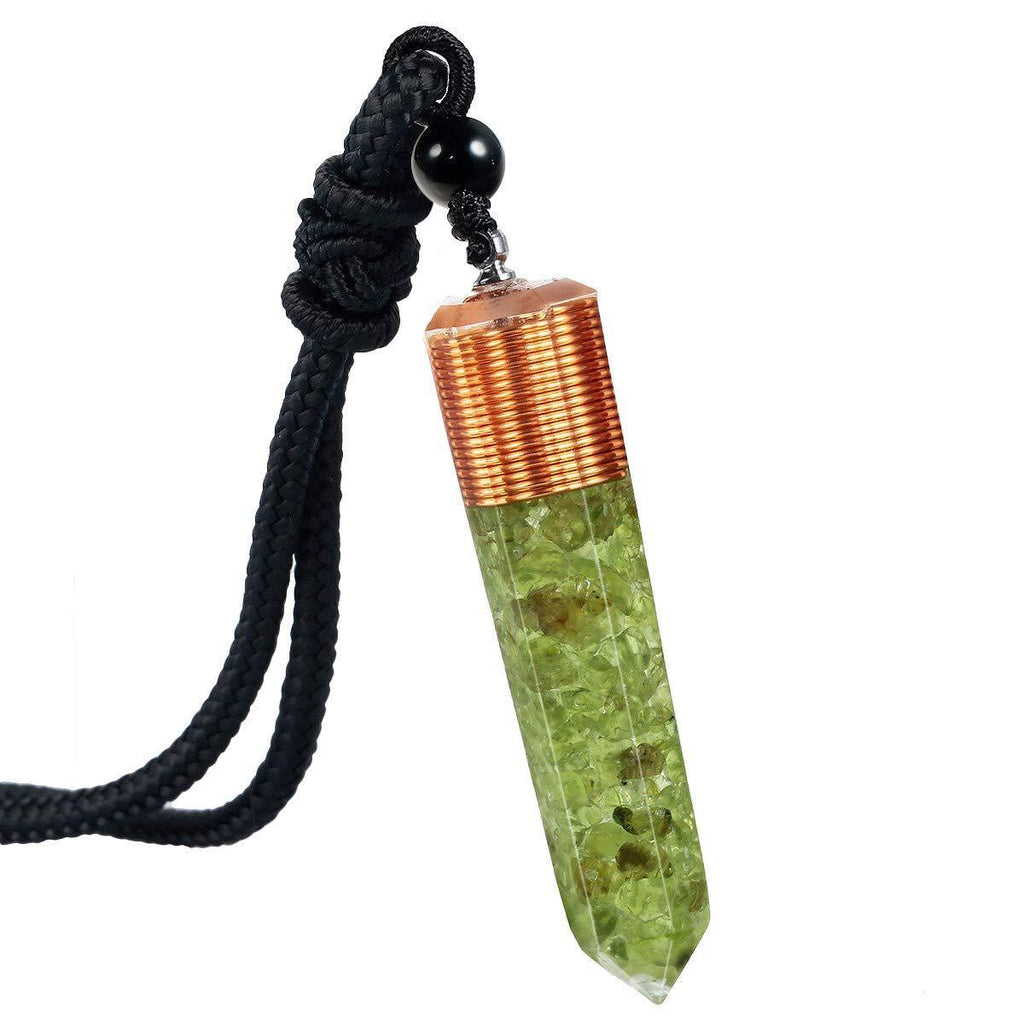 [Australia] - mookaitedecor Crystal Point Pendent Necklace for Women Men, Reiki Healing Chakra Pendulum for Dowsing Divination, Quartz Chips Stone with Resin #1-Peridot//Olivine 