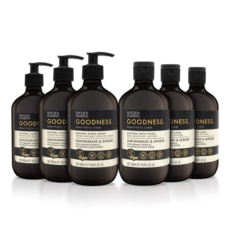 [Australia] - Baylis & Harding Goodness Lemongrass and Ginger 3 x 500 ml Hand Wash and 3 x 500 ml Bath Soak Bundle Lemongrass & Ginger Hand & Bath Bundle 