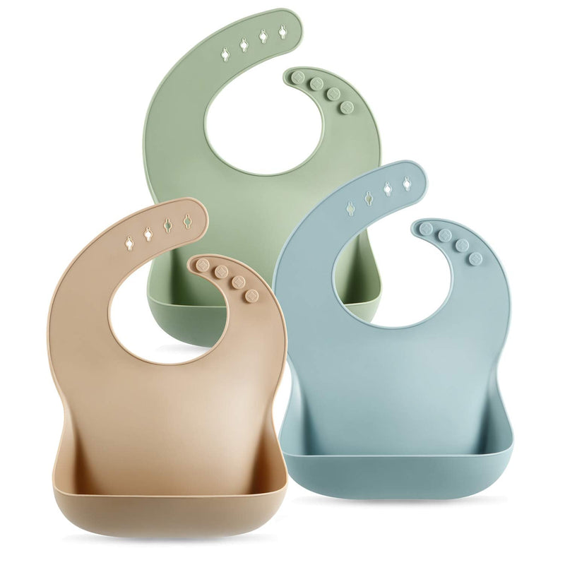 [Australia] - PandaEar 3 Pack Thick Silicone Baby Bibs for Babies & Toddlers (10-72 Months)| Waterproof Baby Feeding Bibs Adjustable with Wide Food Catcher Pocket, Soft, Unisex, Non Messy |Brown/Blue/Green Brown/Blue/Green 