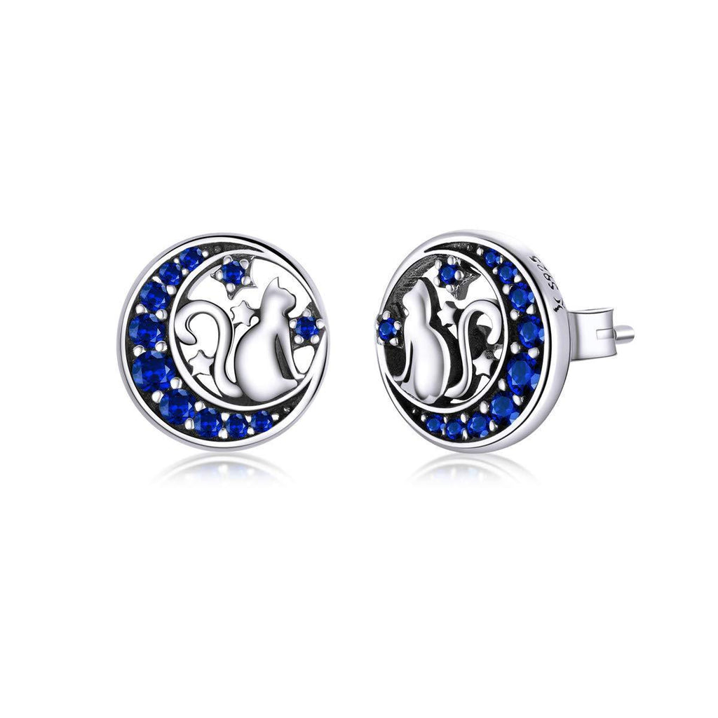 [Australia] - GDDX Sterling Silver Cute Cat Moon Earrings Women Blue Crescent Cubic Zirconia Animal Stud Earrings For Women (Crescent moon) 