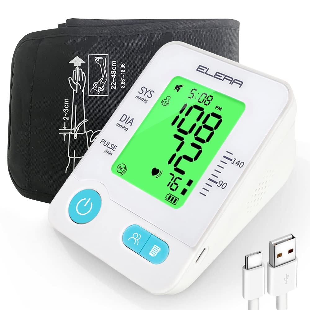 [Australia] - Blood Pressure Monitor with Large Cuff, Elera Home Use Blood Pressure Machine for 24cm - 48cm Upper Arm, with 4-Color LCD Display, High Blood Pressure Warning(Blue White) Blue White 