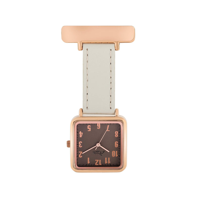 [Australia] - Annie Apple Square Rose Gold/Grey Leather Nurses Nurse Hairdresser Beautician Pocket Fob Watch 